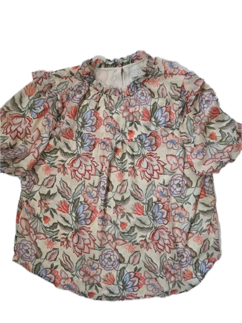 LOFT Blouse Womens XL White‎ Tunic High Neck Puff Sleeve Ruffle Button Chiffon
